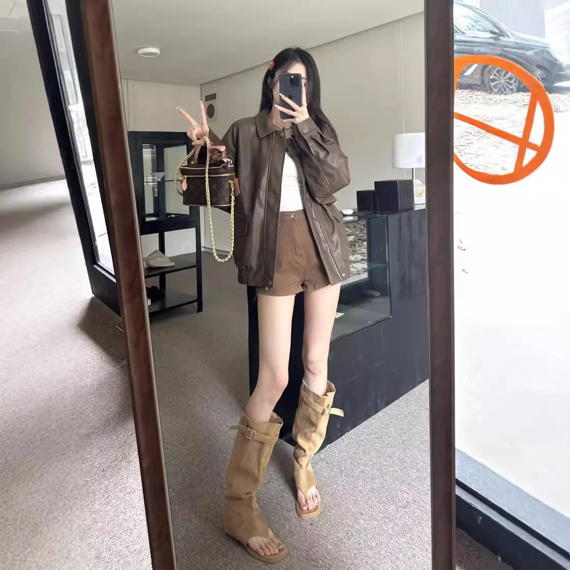 Jaet de couro retrô americano feminino primavera outono bla doce legal motocicleta couro pu solto ajuste longo sve top