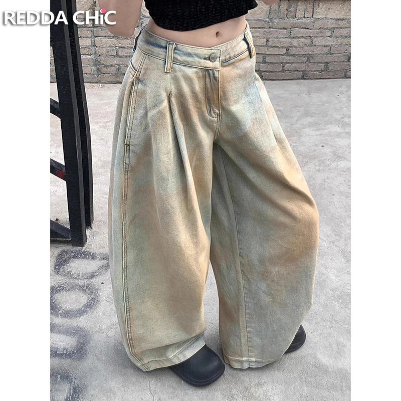 

ReddaChic 2000-х годов, потертые грязные джинсы в стиле хип-хоп, уличные большие плиссированные широкие брюки, брюки с низкой посадкой, винтажная женская одежда