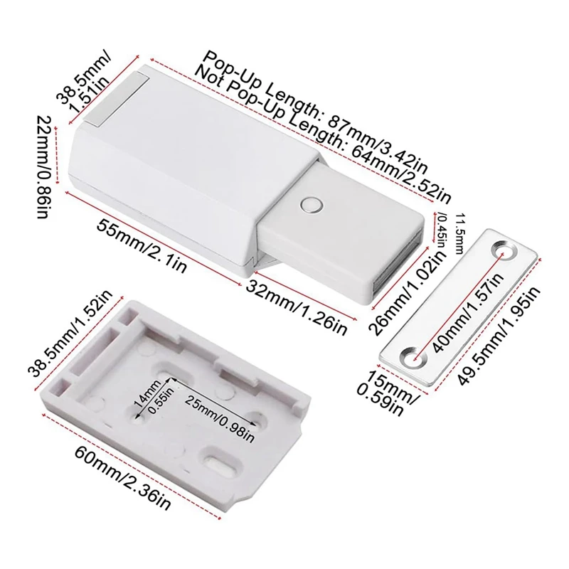 2 Pack Heavy Duty Push Latch & Lock For  Door Touch Latches And Catch Magnet Push Release Drawer Pull Tip, White Durable