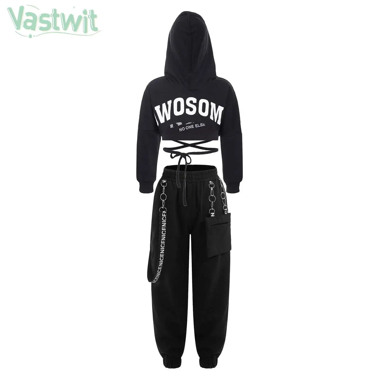 Kids Girls Hip-Hop Jazz Street Dance Costume Cropped Hoodie with Lace-up Camisole Tops Pants Skateboarding Performance Outfit