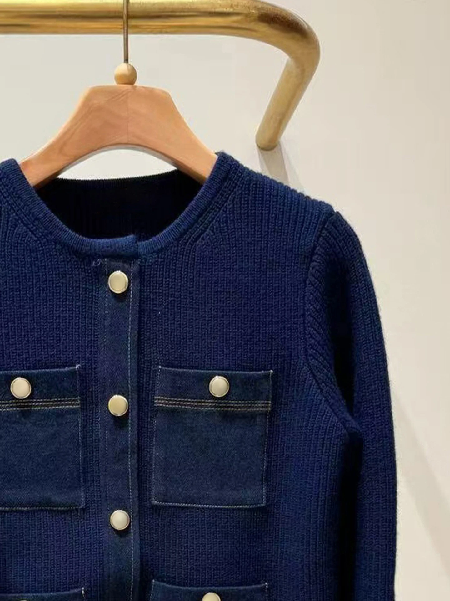 S Home South Oil High End ผู้หญิงสบายๆถัก Denim ket เปิดเสื้อสเวตเตอร์ถัก Jaet อเนกประสงค์ฤดูใบไม้ร่วงใหม่มาถึง