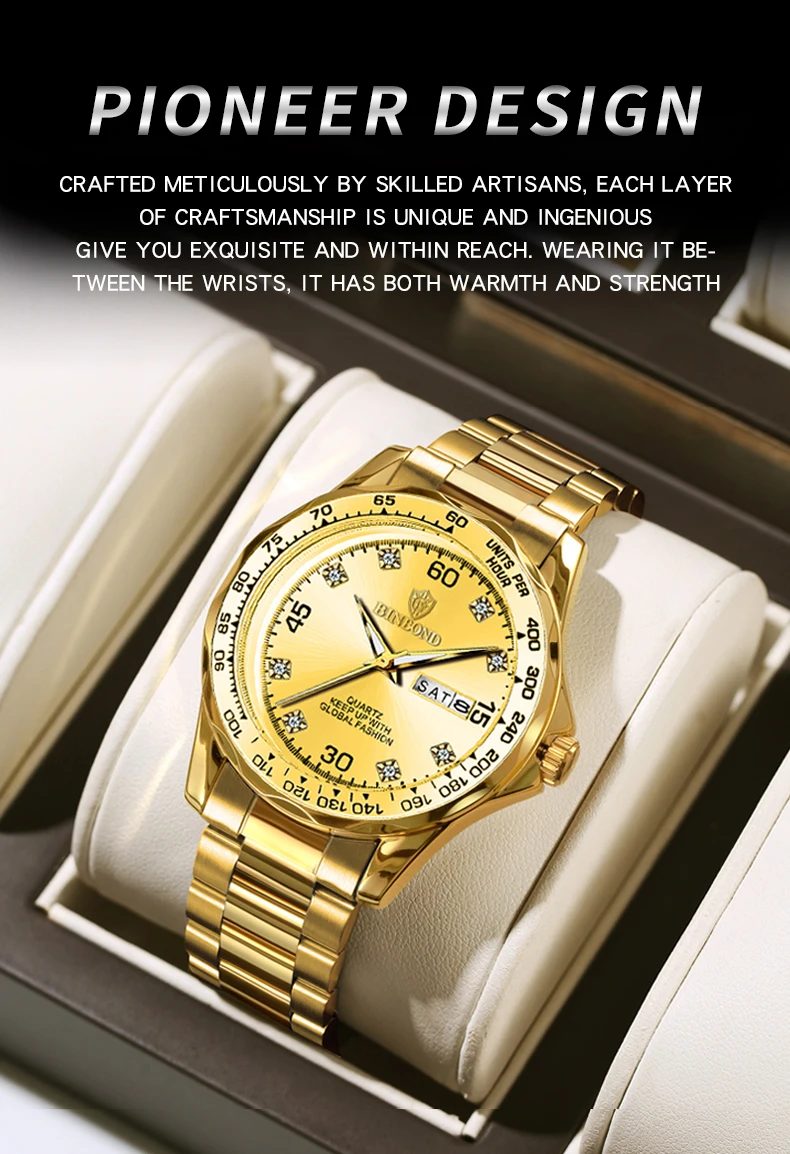 BINBOND Brand Commercial Men's Quartz Watch Week Display Complete Calendar 30M Water-Resistance Back Light Birthday Gift Box