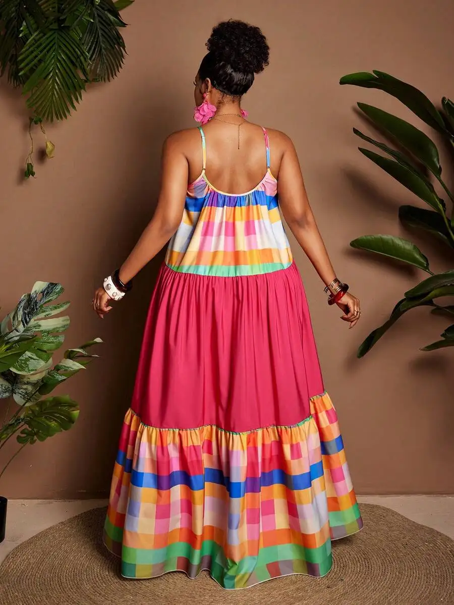 

Vibrant Plus Size Women’s Maxi Dress Featuring Colorblock Stripes, Tiered Pleated Skirt, And Backless Design For Tropical