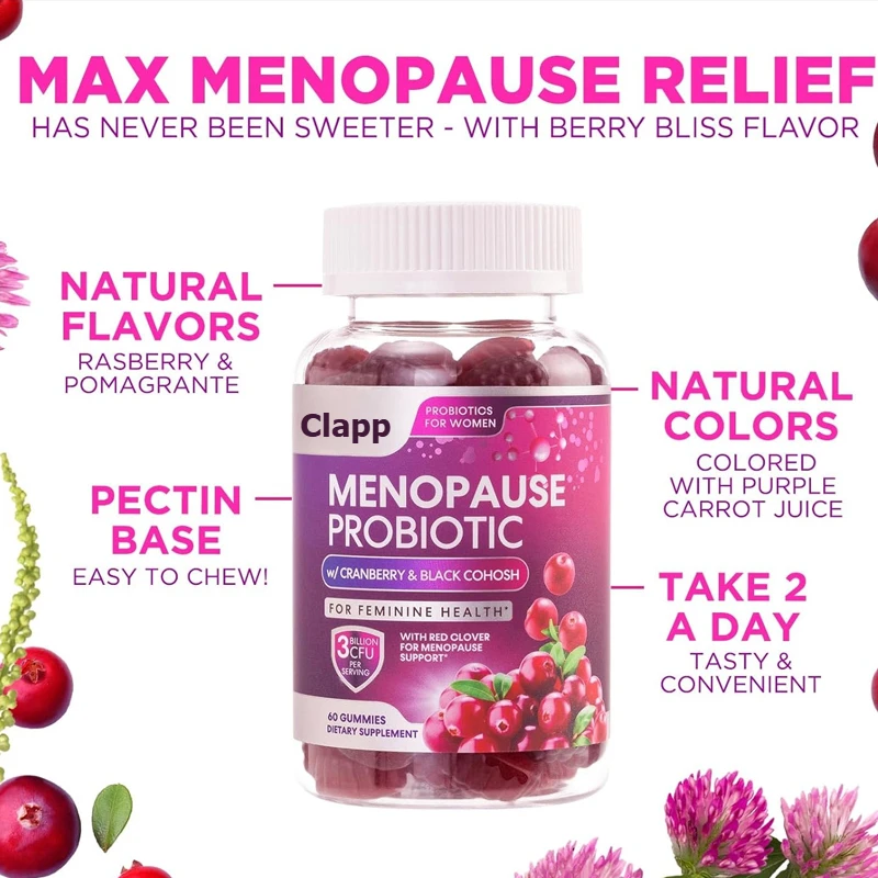 Menopausal probiotics containing cranberry gummies, 3 billion colony units, hot flashes, night sweating, immune support