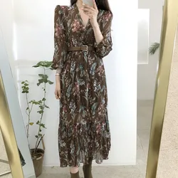 2023 Temperament Dress Women Korean Style Casual Date Wear New Year Cute Slim Waist Floral Printed Chiffon Vintage Dresses Long