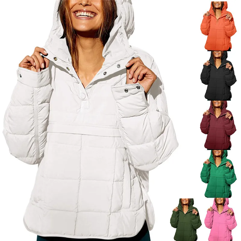 2026 New Women Solid Hooded Cotton Coat Foldable Padded Pullover Long Sleeve Outerwear With Pockets For Autumn Winter