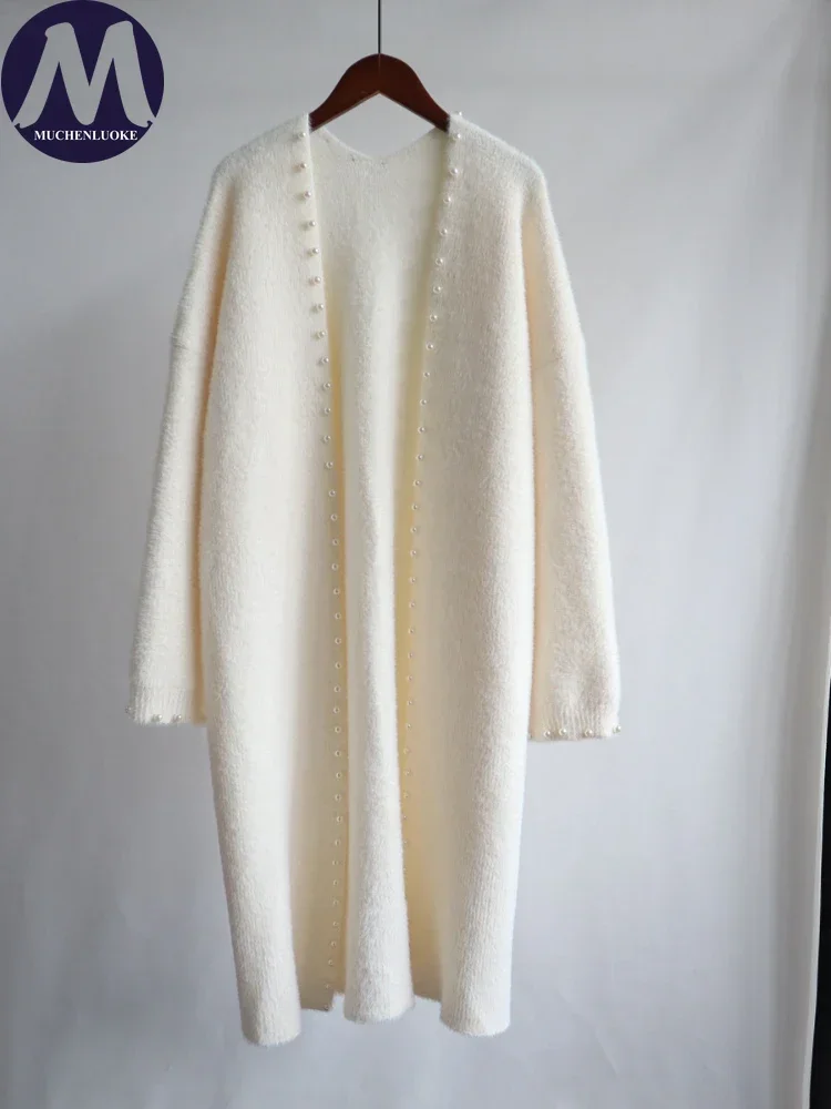 

Свитер женский, осенне-зимний, новый вязаный длинный свитер на пуговицах с бусинами, пальто, модная повседневная свободная женская одежда, кардиган