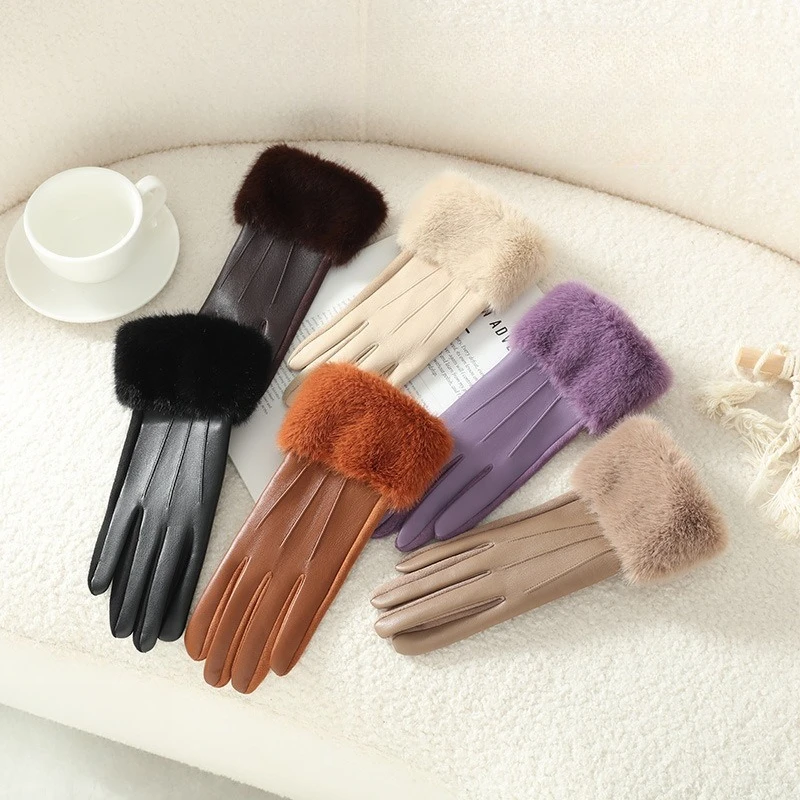 Solid Fleece-Lined Warm Leather Gloves With Faux Mink Cuffs, Slimming Windproof&Cold-Resistant Women'S Autumn&Winter Accessories