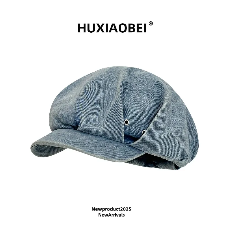 

Korean Retro Oversized Pleated Denim Newsboy Hats for Women Spring and Autumn Casual Versatile Show Face Small Literary Berets
