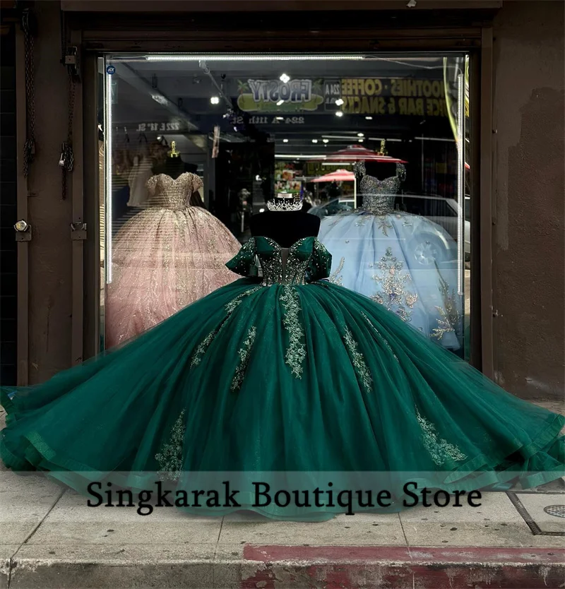 Emerald Green Off Shoulder Ball Gown Quinceanera Dresses Beads Lace Appliques Crystals Birthday Party Sweet 16 Dress Customized