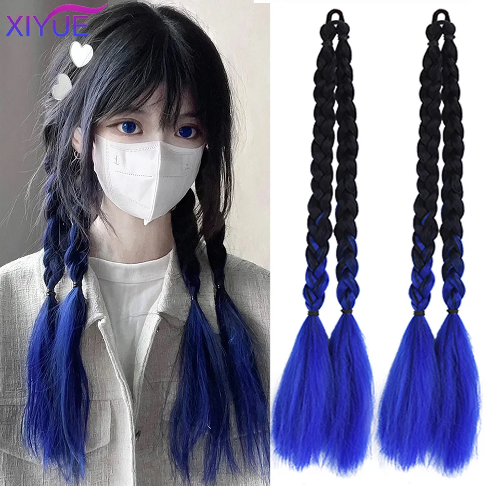 XIYUE Boxing Braid Tail Clip In Ponytail Hair Extension Heat Resistant Synthetic Natural Double Horse Tail Black Ombre Blue