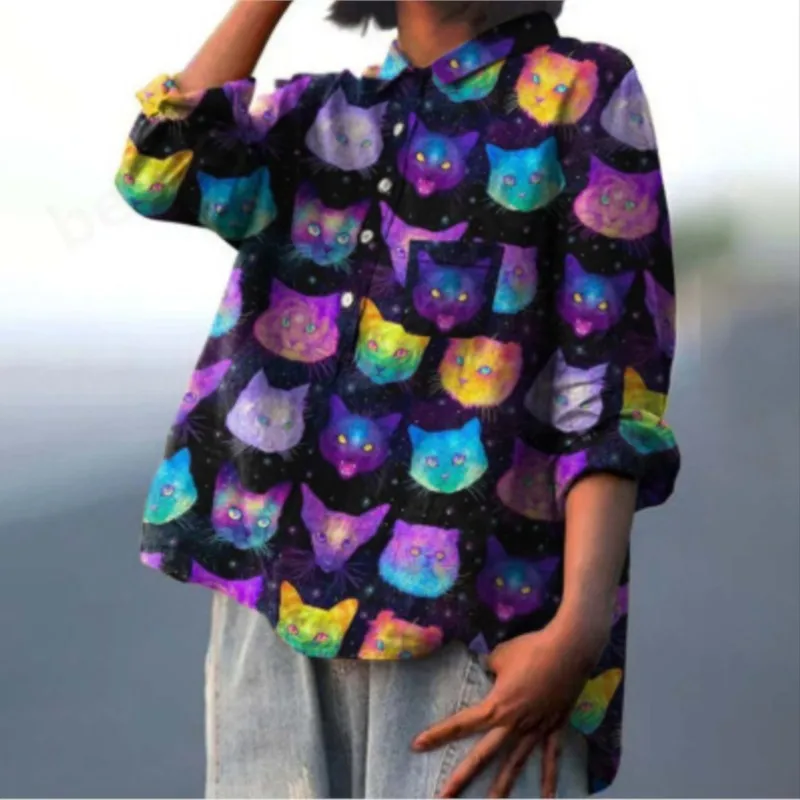 2024 Women Flower Pattern Printed Linen Shirt Top New Spring Autumn Lapel Neck Casaul Long Sleeve Blouse Street Fashion Dressing