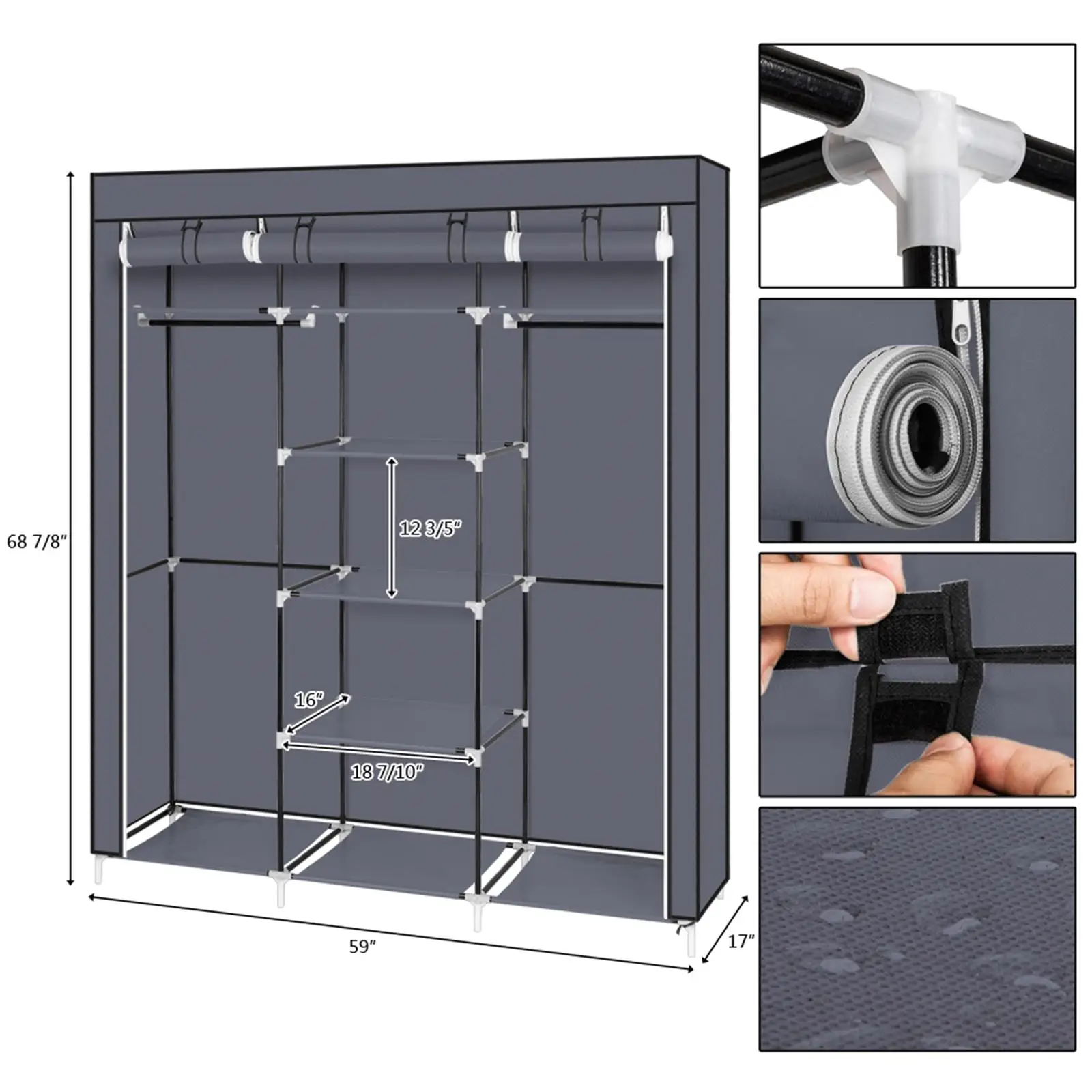 69 Portable Non-Woven Fabric Closet - Double Rod Gray Wardrobe Organizer for Efficient Storage