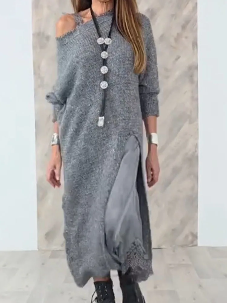 

Элегантная длинная юбка с v-образным вырезом и трикотажная женская повседневная однотонная юбка с длинным рукавом из 2 предметов, сексуальный кружевной свитер, юбка, наряды