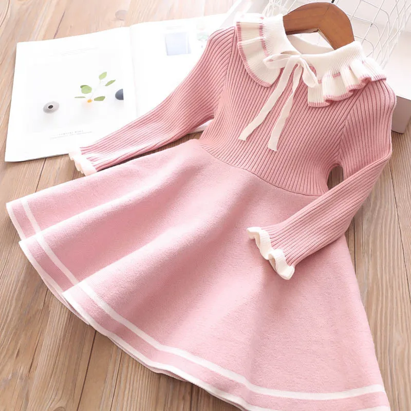 Girls Long Sleeve Knitting Sweater Dresses Autumn/Winter Children Warm Princess Birthday Party Dress Kids Red Christmas Costume