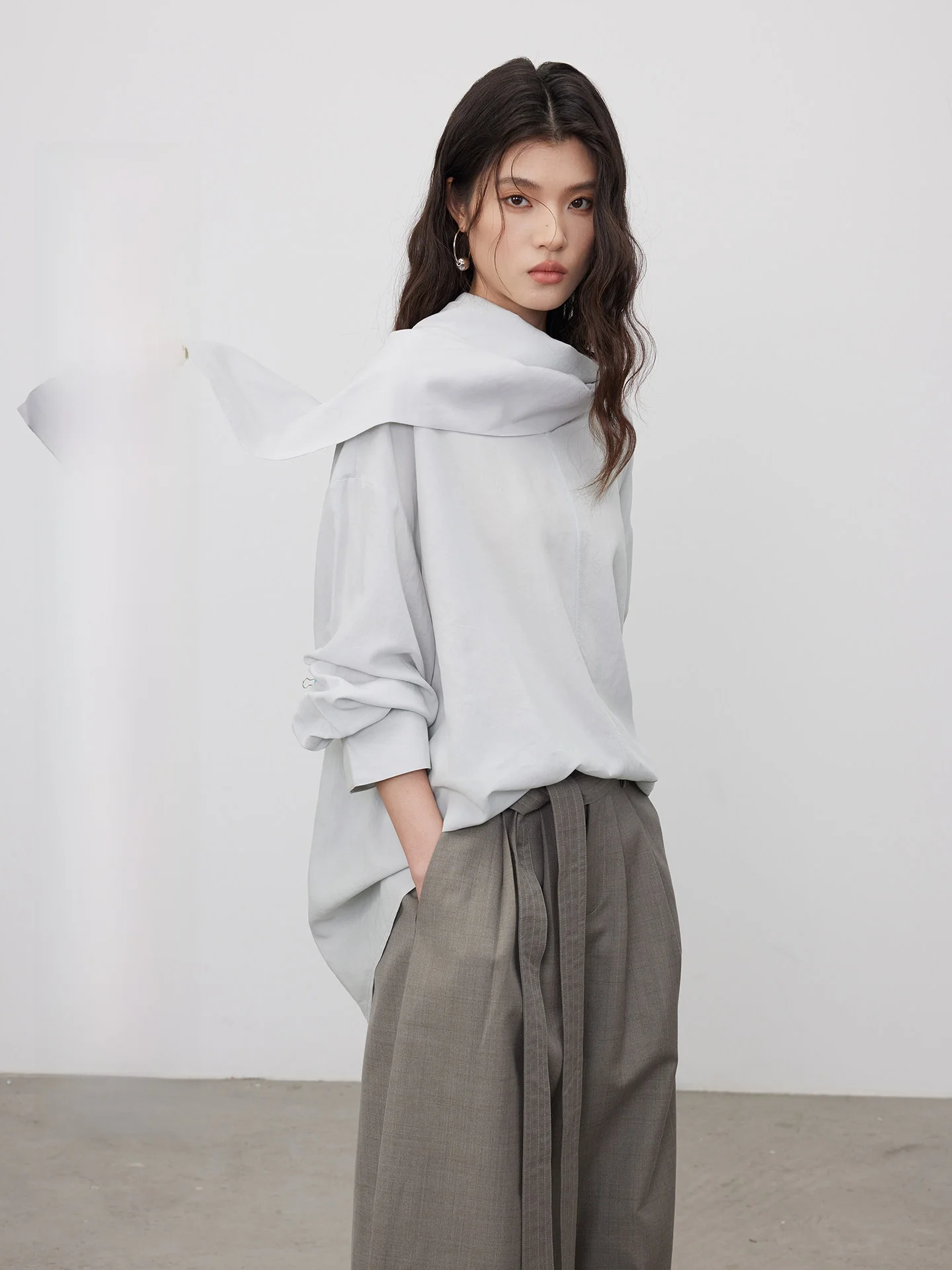 

KEARA Mist Blue Sash Collar Long Sleeve Shirt Women's Spring Summer Loose Commute Shirt Top Korean Style Breathable Skin-Frie...