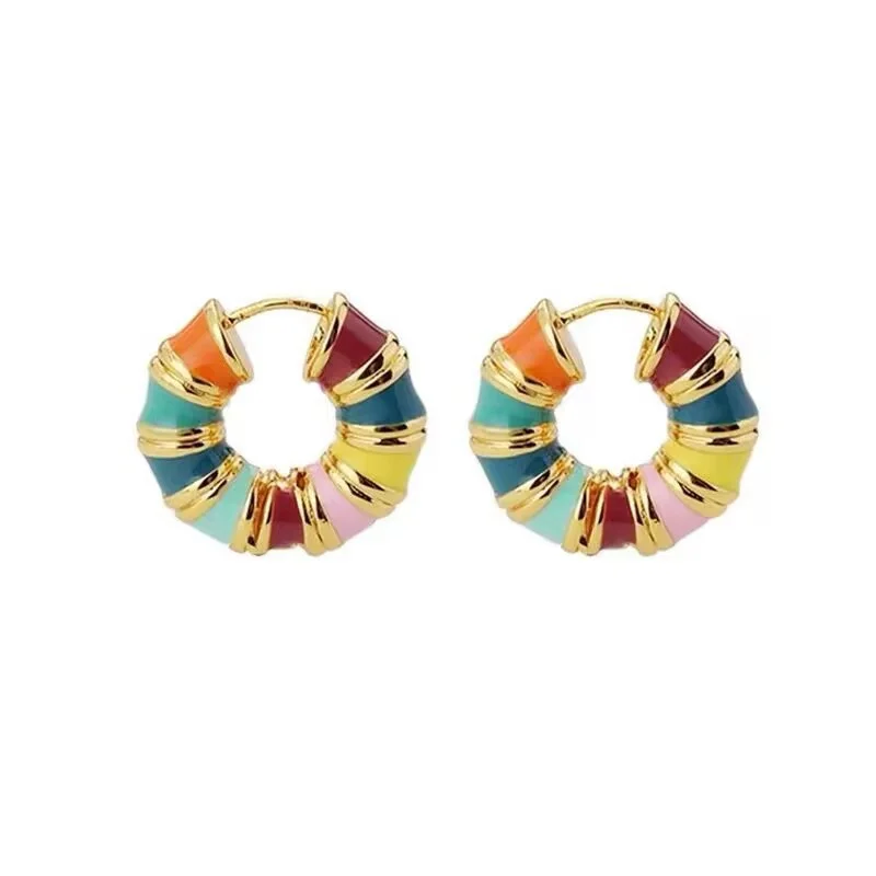 Vintage Colorful Enamel Small Hoop Earrings for Women Luxury Delicate Rainbow Oil-drop Glaze Earrings Wedding Party Jewelry Gift