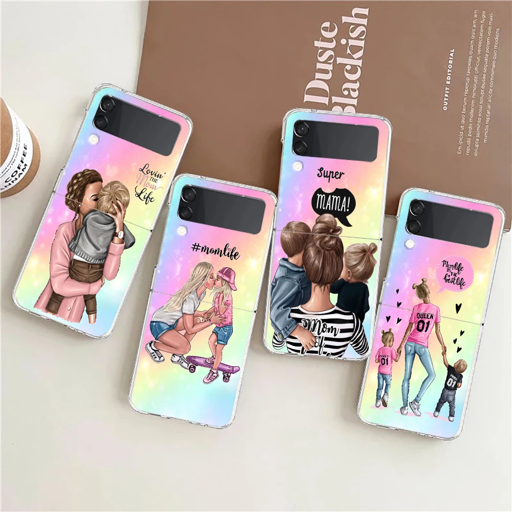 Super Mom Baby Hard PC Phone Case For Samsung Galaxy Z Flip 5 4 3 Transparent Cover For Galaxy Z Flip 6 Foldable Shockproof Case