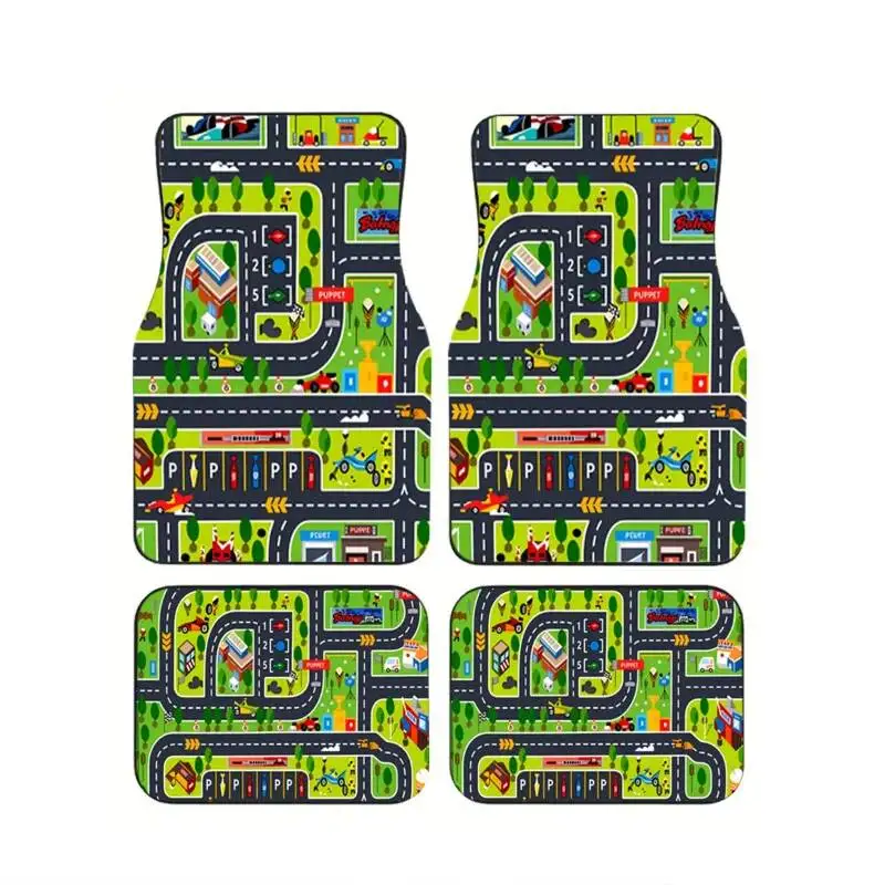 

4Pcs Car Floor Mats City Road Map Design Durable Non-Slip Polyester Carpet All-Weather Protection Fun Accessory for SUVs/Sedans