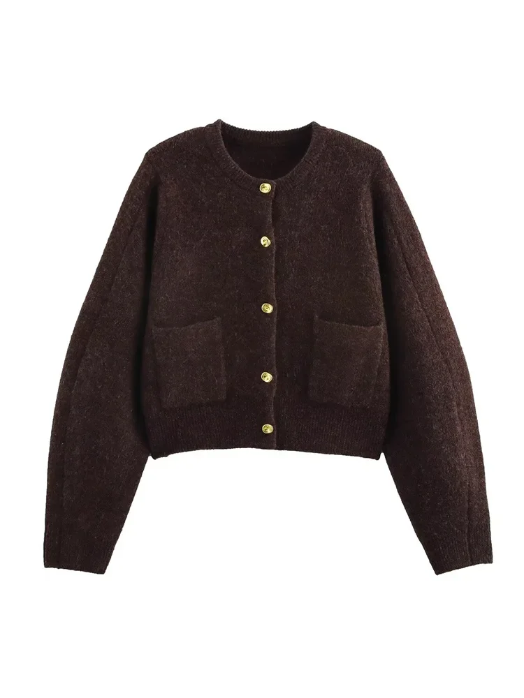 

Women Fashion O Neck Breasted Solid Crochet Knitting Sweater Female Chic Double Pocket Casual Coat Tops