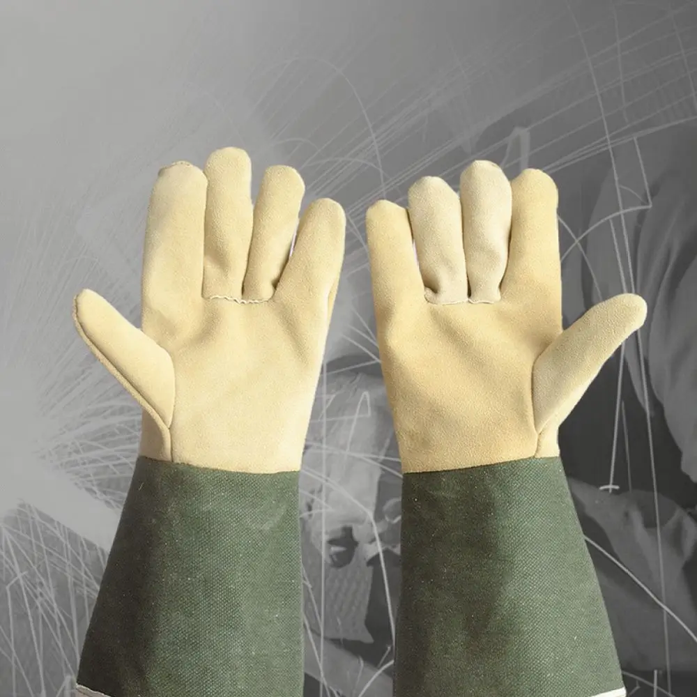 Anti Scalding Welding Gloves Cowhide Leather Canvas Cuff Heat Protective Mittens Industrial Metallurgy Safety Hand Protection