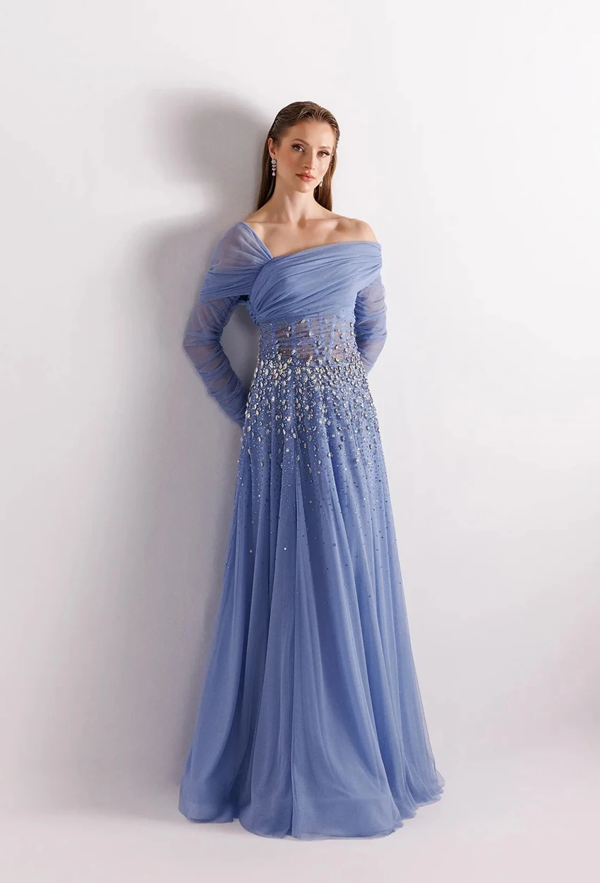 

Lzhk Customized Luxury Crystal Tulle A-Line Off the Shoulder Evening Dress Temperament Boat Neck Long Sleeves Prom Gowns