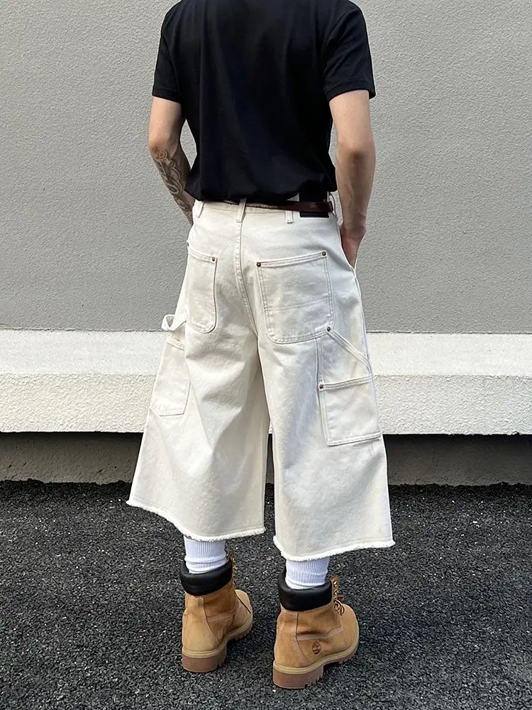 Men's Summer Fashion White Shorts Vintage Wide Leg Cropped Pants Cool Boy Casual Bottom Male High Waist Half Trousers