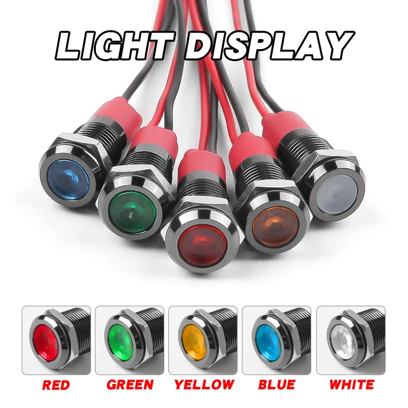 LED Metal Gösterge Işığı 8mm Su Geçirmez Sinyal Lambası Nokta Işığı Kablolu Siyah Gövdeli Kırmızı Sarı Mavi Yeşil Beyaz