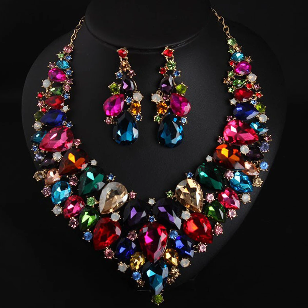 

Luxury Super Shiny Colored Gems Crystal Jewelry Set Trendy Necklace Earring Women Wedding Bridesmaid Accessories Gift Wholesale