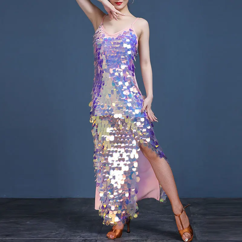 Vestido de danza del vientre con lentejuelas brillantes para mujer, Ropa de baile con flecos para adultos, escenario de traje de práctica latina, Jazz, Salsa, Rave, Bodycon