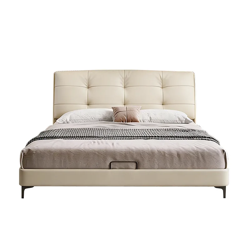 Italian minimalist leather bed solid wood soft wedding bed first layer cowhide storage bed