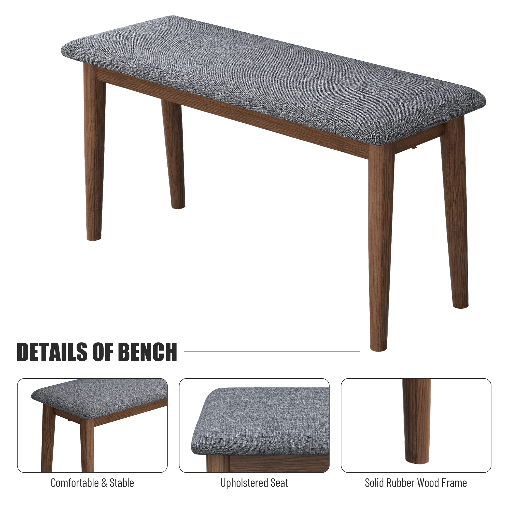 2PCS Upholstered Benches Retro Upholstered Bench Solid Rubber Wood for Kitchen Dining Room Grey and Walnut Color