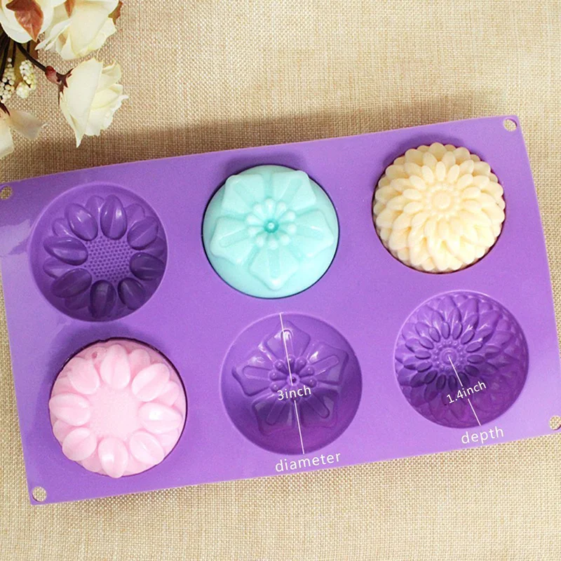 6 Cavity Silicone Flower Soap Molds Chrysanthemum Sunflower Mixed Flower Shapes Backing Mold Bread Muffin, Pudding Cake Moulds