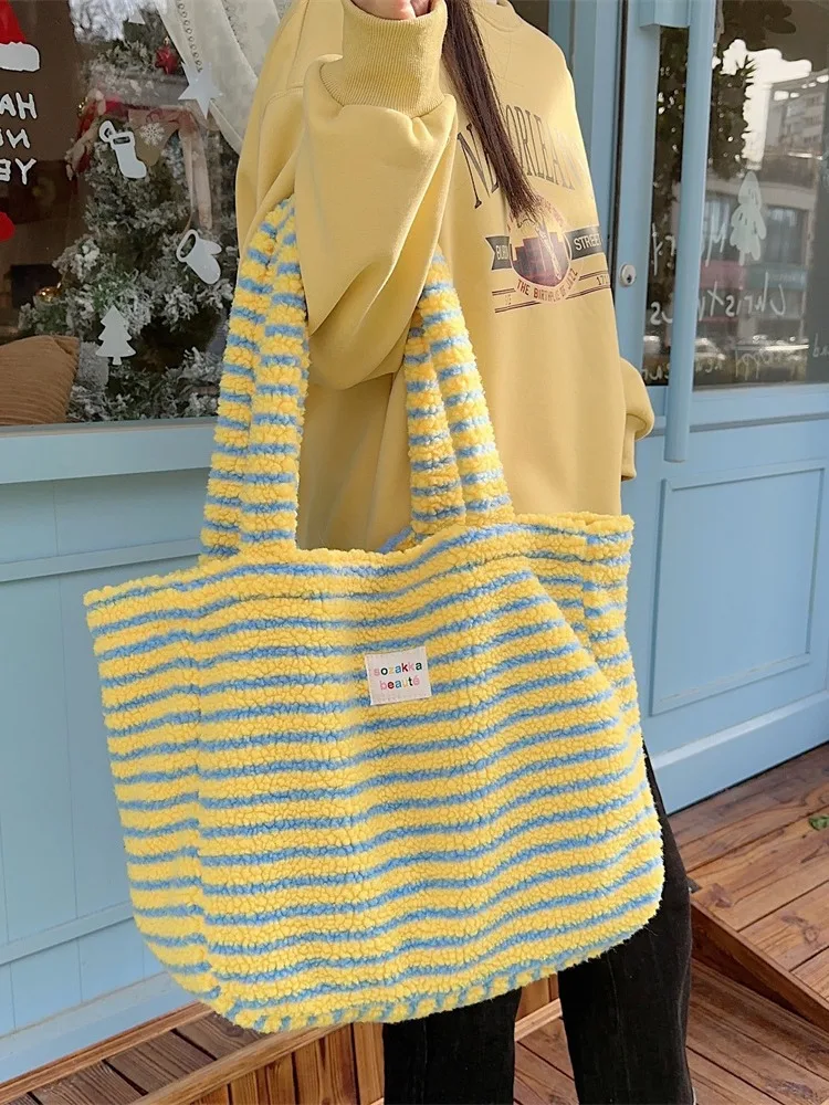 Cute Lamb Plush Shoulder Bags For Women Casual Stripe Tote Handbags Large Capacity Soft Fluffy Travel Shopping School Book Bag