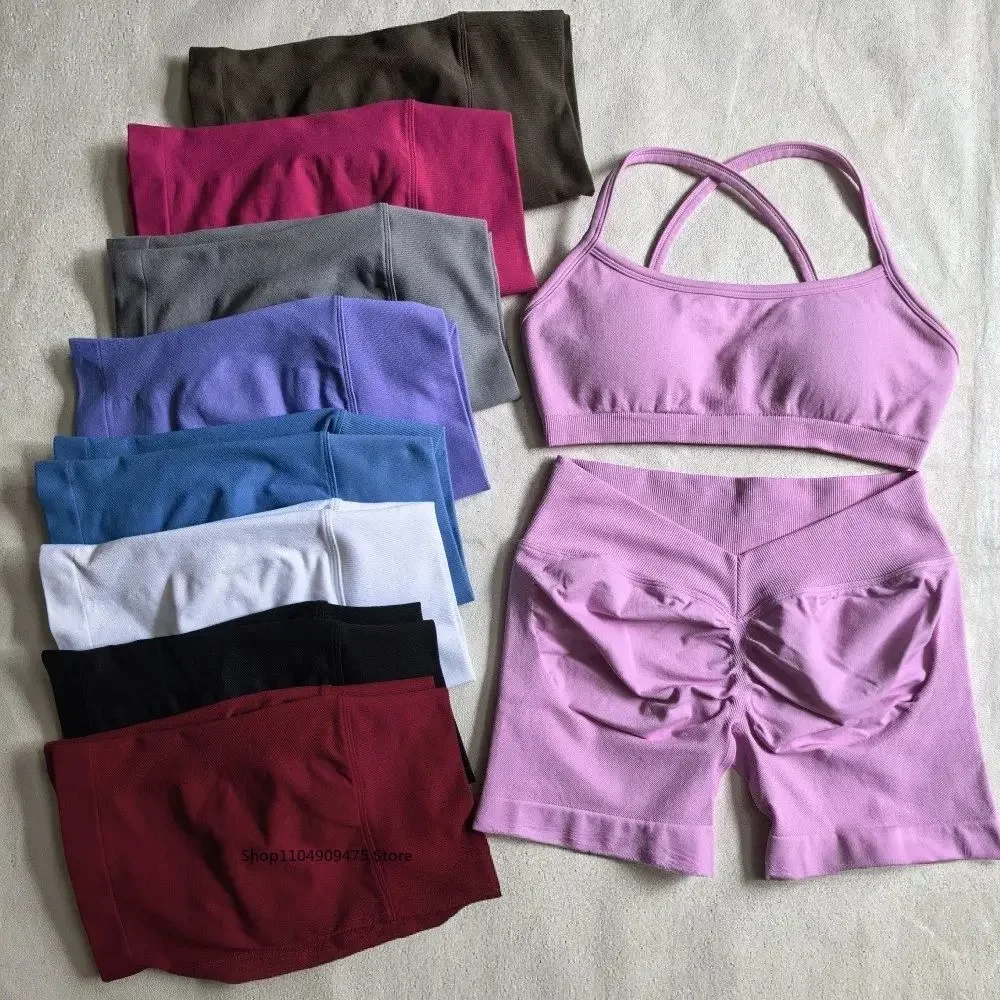 Women's 2-Piece Yoga Suit Seamless Fitness Suit Gym Clothes Sports Bra Impact Shorts Set Workout Set Gym Outfit ensemble femme