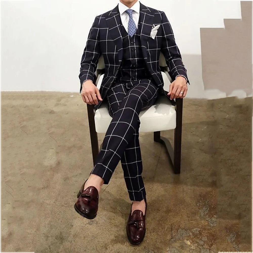 

Шикарный клетчатый костюм для мужчин, приталенный пиджак с остроконечными лацканами, брюки, деловой наряд, однобортный свадебный комплект для жениха, джентльмена