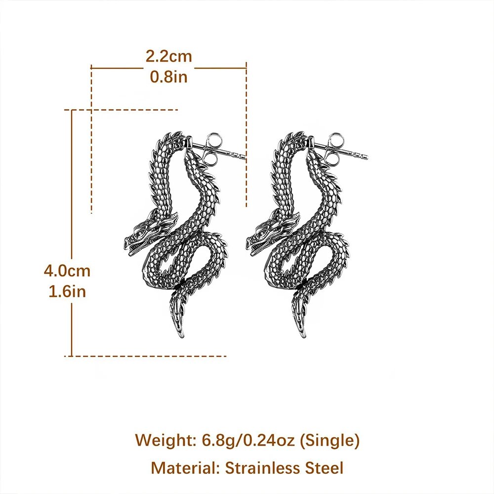 Retro Chinese Loong Stud Earring for Women High Quality Stainless Steel Viking Dragon Piercing Earring Fashion Charm Ear Jewelry