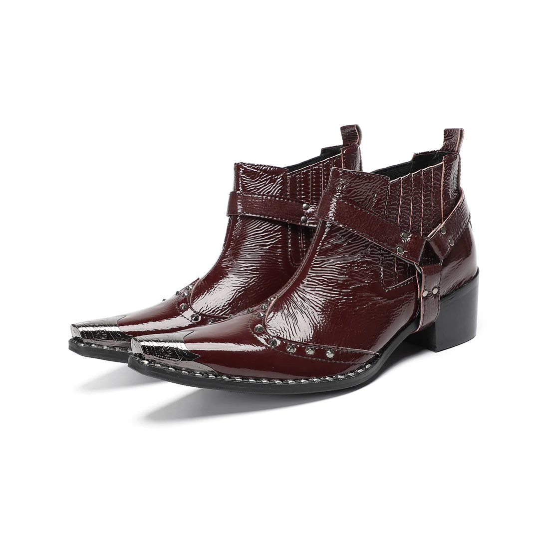 

Men's pointed leather shoes, British style casual men's shoes, brown metallic party banquet trendy boots