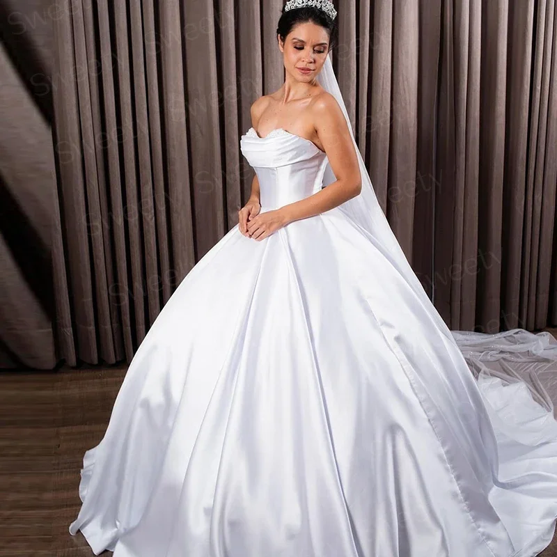 Elegante robe mariée cetim vestido de casamento cetim macio com pérolas vestido de baile sem alças vestidos de baile rendas até robe de marie