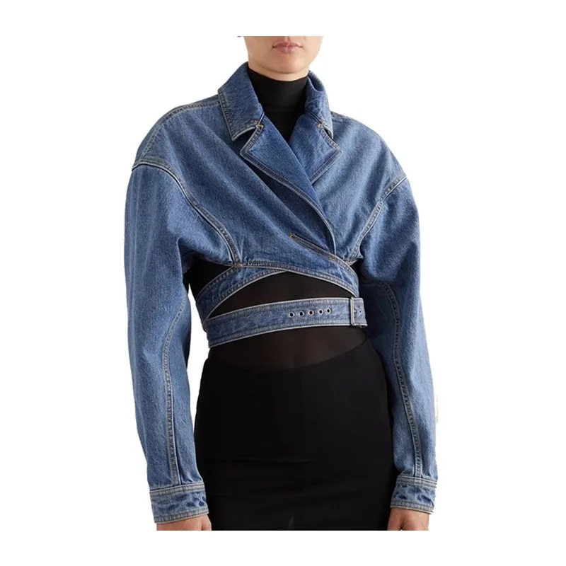 

2025 Spring Crossed Collar Open-Back Short Sleeve Women's Denim Jacket