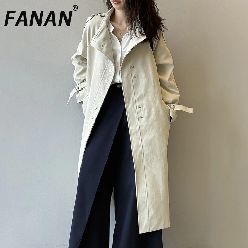 

FANAN Temperament Belt Gathered Waist Trench Women's Lapel Single Breasted Long Windbreaker Female Coats 2025 Autumn New