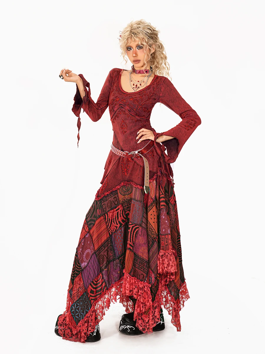 

Винтажная юбка А-силуэта с асимметричным кружевным декором и вставками, женская юбка миди в стиле ретро с пэчворком для женщин