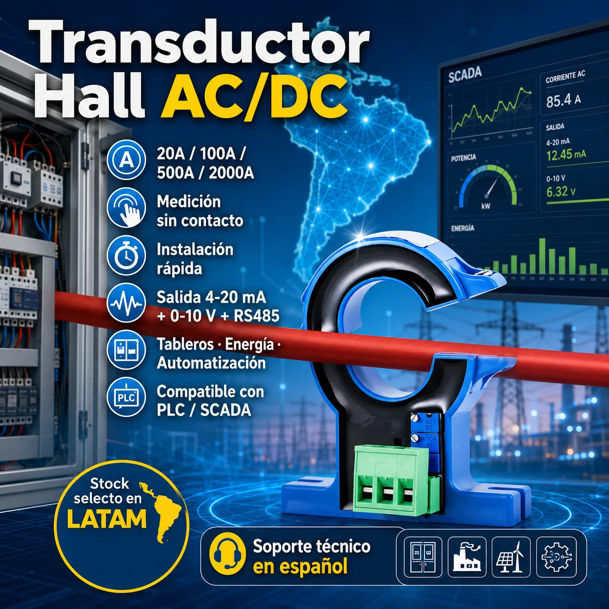Open Loop Hall Current Sensor Hall Effect Current Transducer Solid Core Clamp-on AC DC Current Transmitter  4-20MA 0-10V RS485