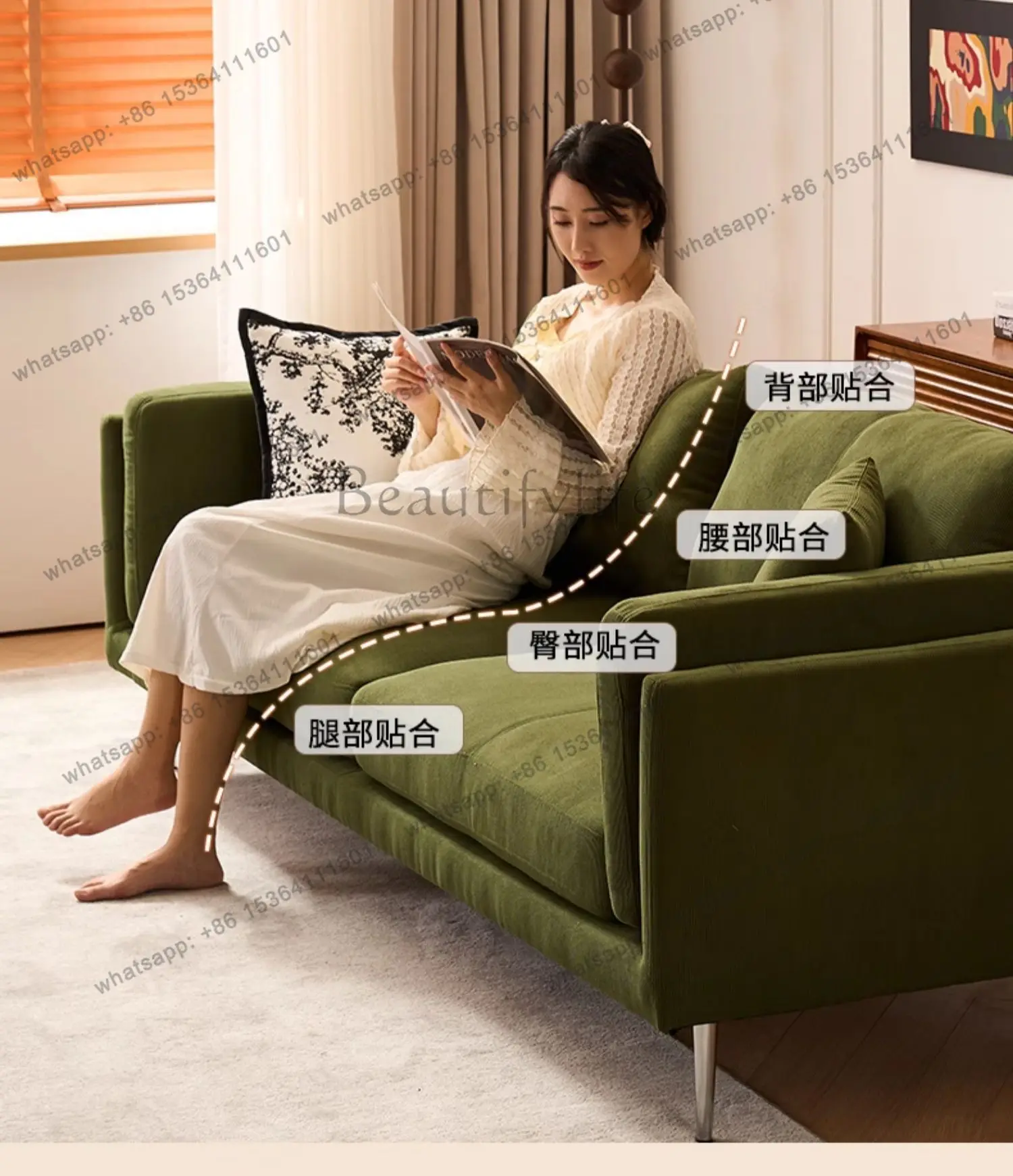 Nordic fabric sofa light luxury simple small apartment living room retro green corduroy straight sofa