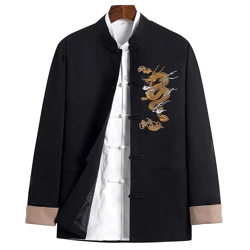 Chinese Style Black Men Vintage Jacket,Blue Standing Collar Jackets,Chinese Dragon Pattern Embroidery Pattern Decoration Coat.