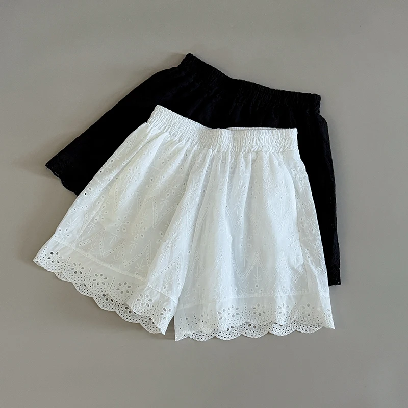 Women Summer Simple Shorts Elastic Waist Embroidery Floral Print Wide Leg White Shorts Versatile Female Casual Black Short Pants