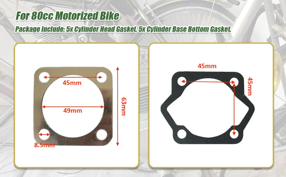 Base do Cilindro e Junta Inferior, Bicicleta motorizada, 5x Junta da Cabeça do Cilindro, Ajuste 80cc Bicicleta Motorizada, 5x Base do Cilindro