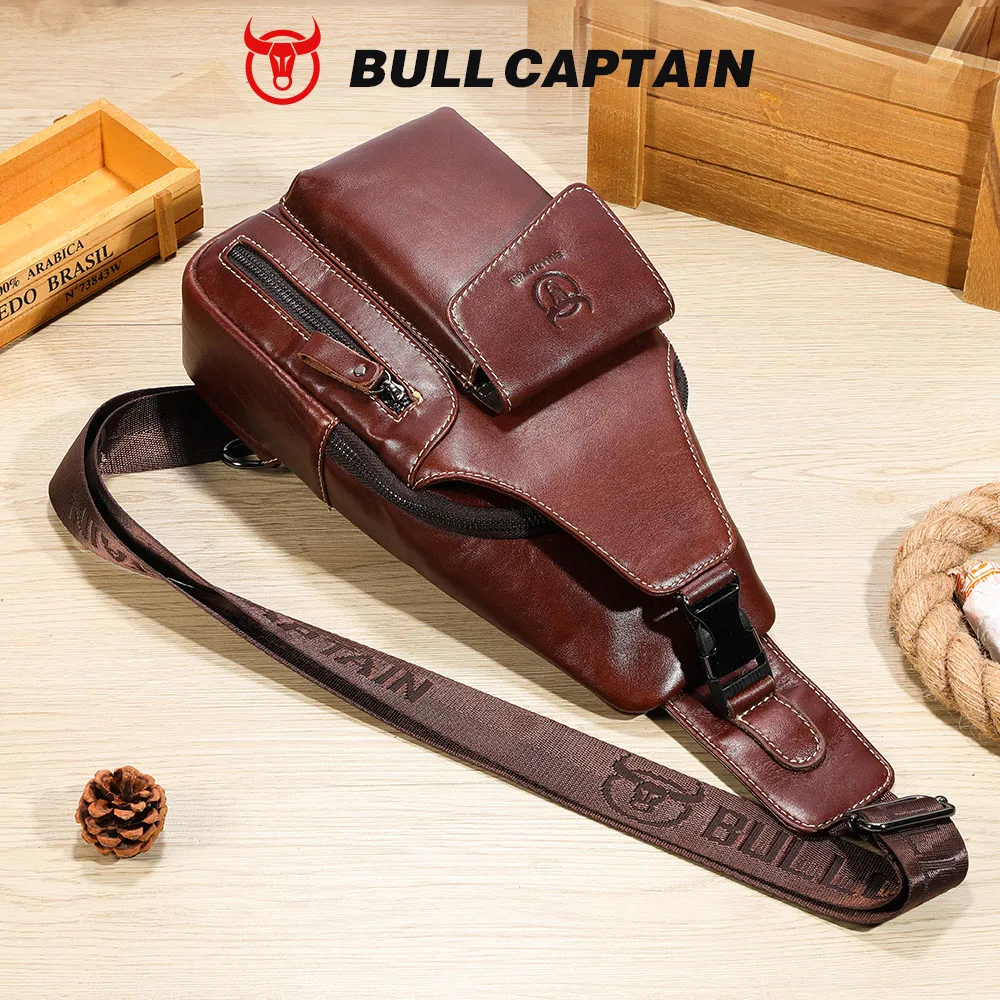 BULLCAPTAIN Genuine Leather Sling Backpack for Men USB Charging Chest Bag Crossbody Shoulder Bag Casual Daypack for Work Travel