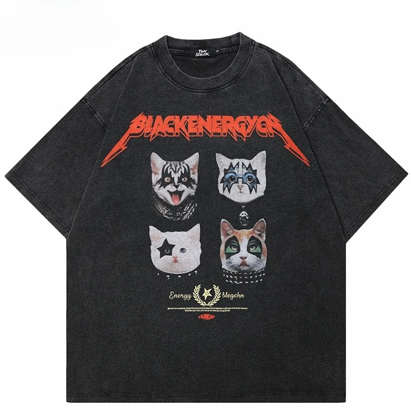 

Funny Graphic Masked Cats Washed Short Sleeved Round Neck Y2k Tshirt Men Clothing New in Top & Tees Mens T-Shirt Camisetas