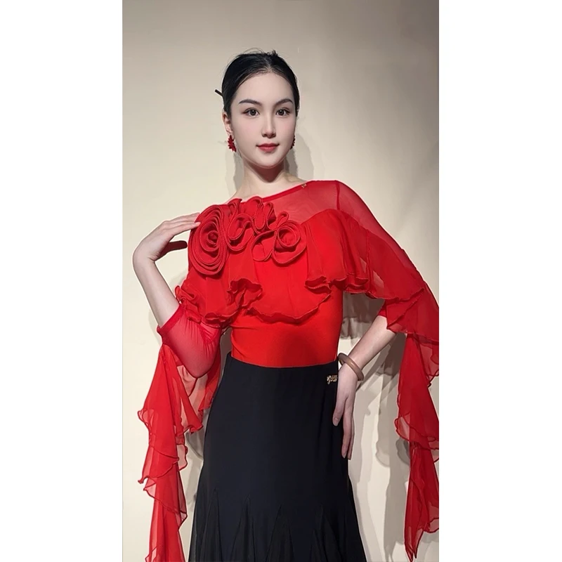 2025 ดอกไม้หรูหรา Ballroom Dance Tops ผู้หญิงบอดี้สูท Waltz Dance เสื้อผ้าคลับ Latin Salsa Dance เสื้อผ้า BL15997